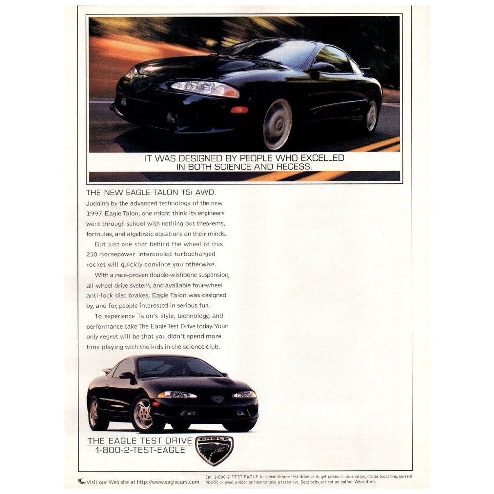 1997 Eagle Talon TSi AWD Sports Car Coupe Vintage Print Ad 90s Wall Art